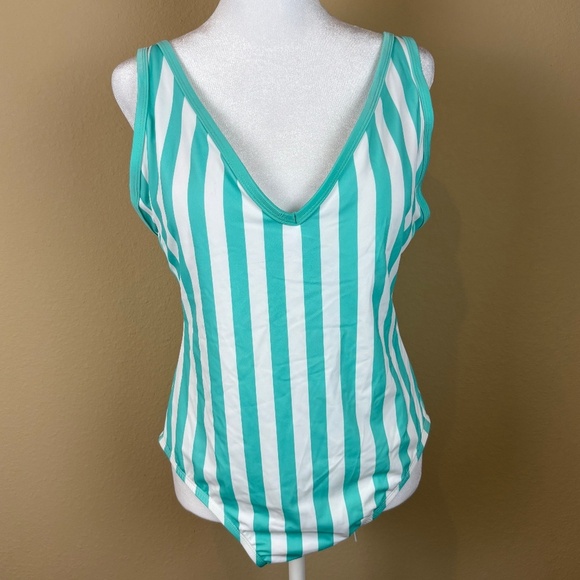 NWT Kona Sol Turquoise/White V-Neck High Leg One Piece Swimsuit/Bathing Suit - Picture 1 of 12